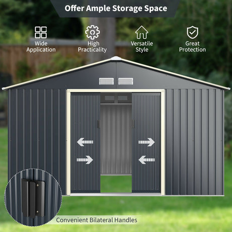 Cobertizo de almacenamiento metálico de 11 x 8 pies para jardín y herramientas con 2 puertas correderas con cerradura - Gris