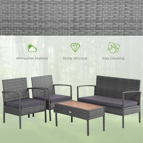 Juego de muebles de conversación para patio de ratán de 4 piezas con mesa de madera de acacia