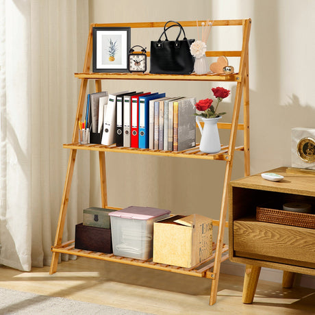 Estantería plegable de bambú de 3 niveles para plantas con estante de exhibición - Natural