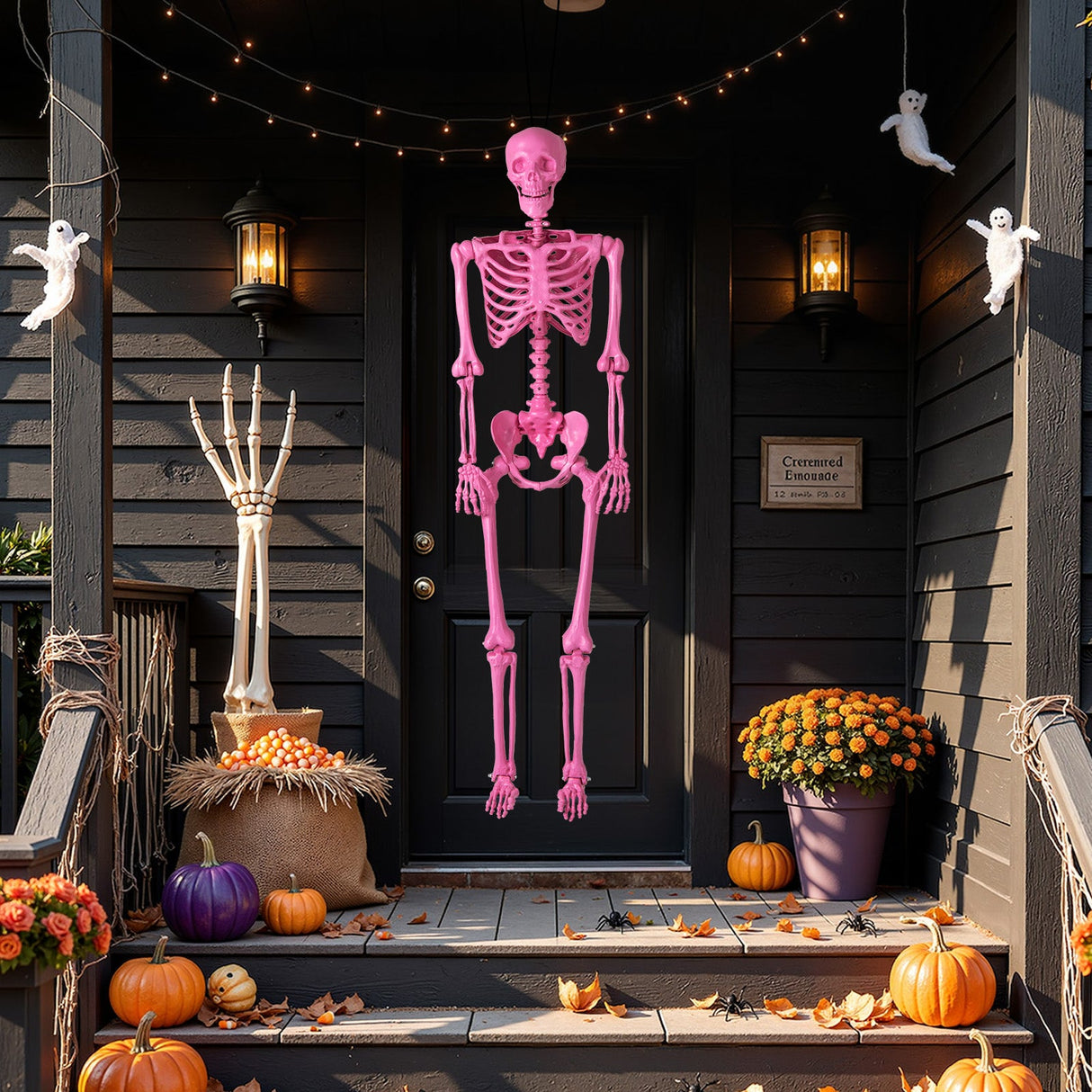 Esqueleto rosa articulado de 1,68 m (5,5 pies) de tamaño real para Halloween
