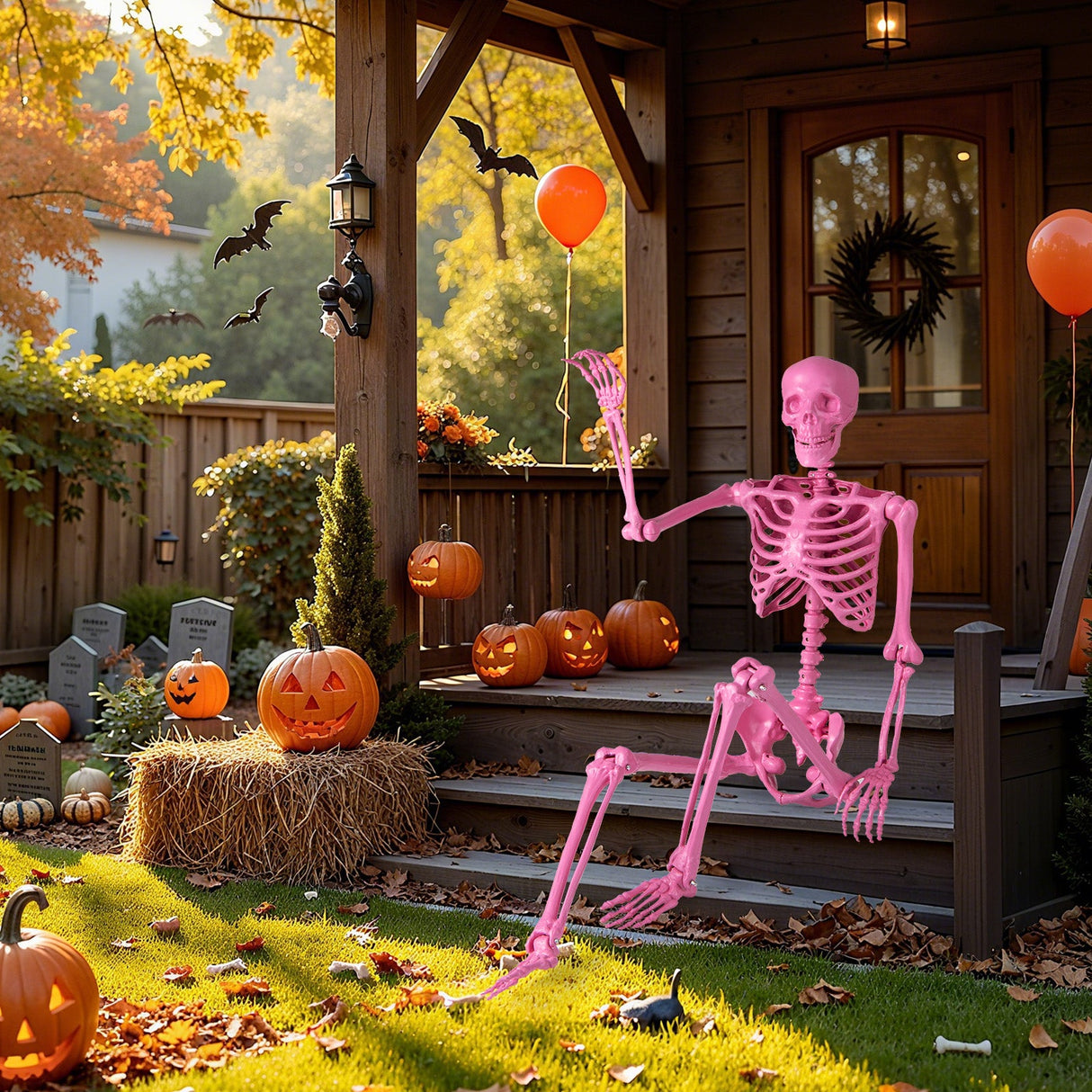 Esqueleto rosa articulado de 1,68 m (5,5 pies) de tamaño real para Halloween