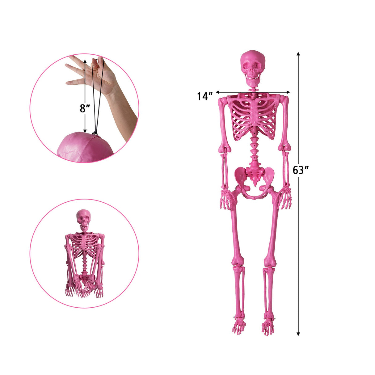 Esqueleto rosa articulado de 1,68 m (5,5 pies) de tamaño real para Halloween