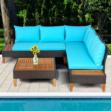 Juego de muebles de ratán acolchados para patio de 4 piezas con mesa auxiliar de madera