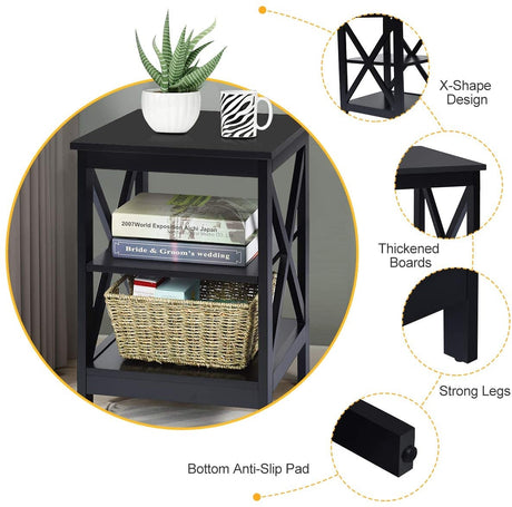 Mesitas de noche de 3 niveles con diseño en X y estantes de almacenamiento para sala de estar y dormitorio