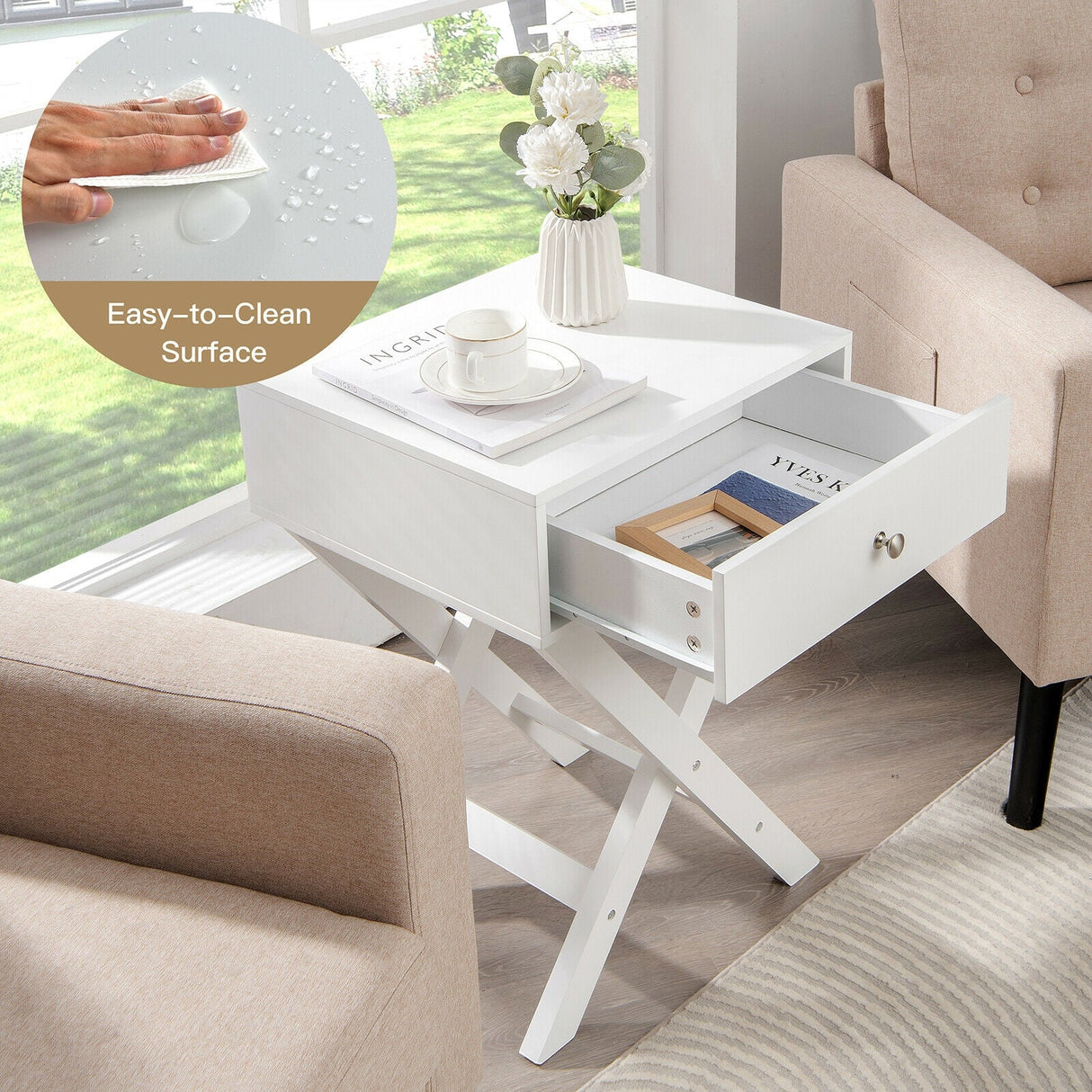 Mesita de noche moderna en forma de X con cajón para sala de estar o dormitorio
