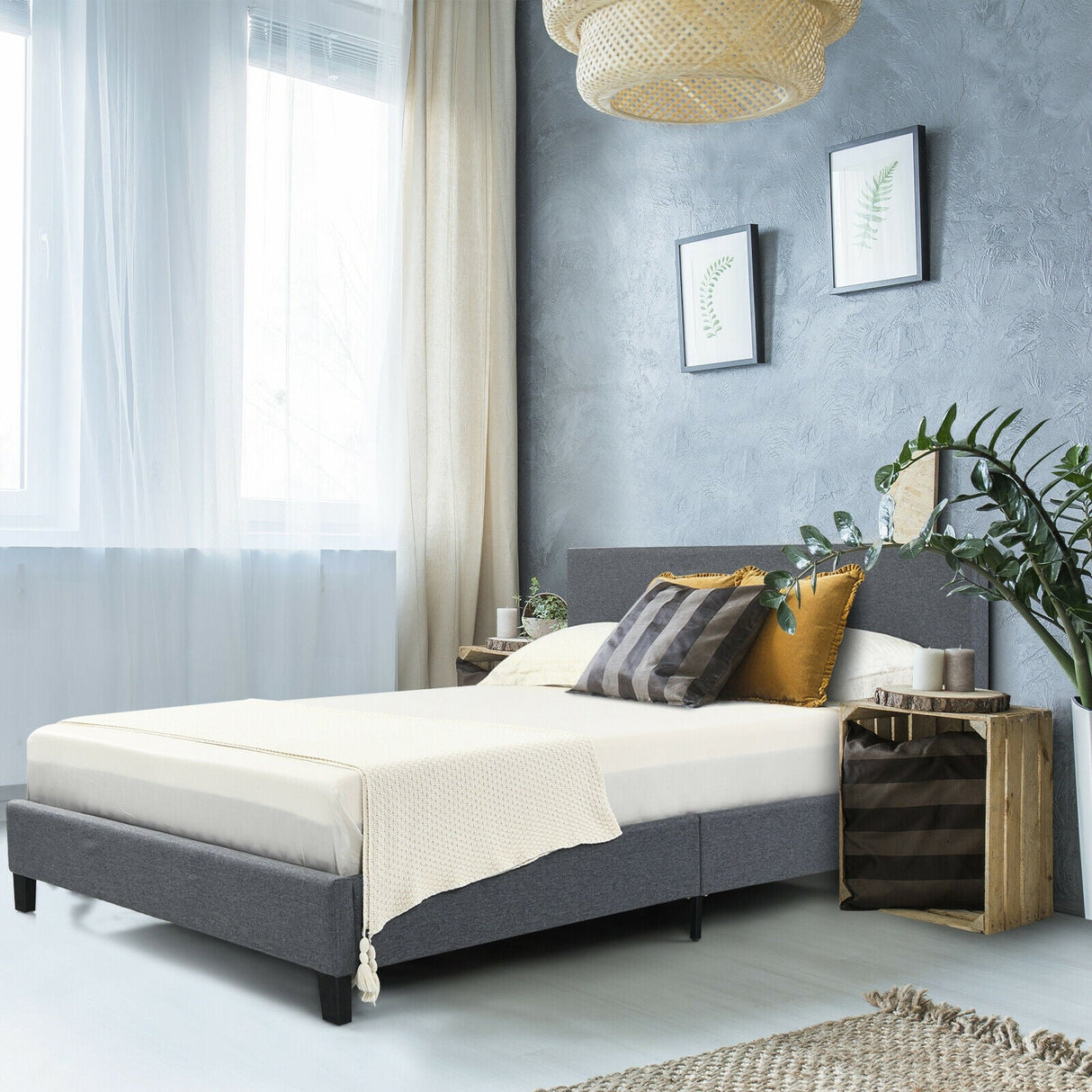 Base de cama tapizada tipo plataforma tamaño matrimonial/Queen con cabecero de lino