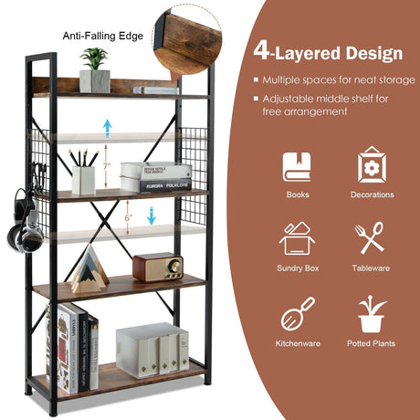 4 -Tier Industrial Open Storage Bookshelf-Coffee