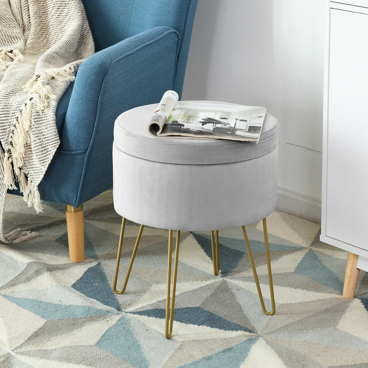 Taburete otomano redondo de terciopelo con almacenamiento, reposapiés, silla de tocador con patas de metal