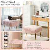 Taburete de Tocador de Pelo Sintético con Patas de Metal Doradas para Sala de Maquillaje