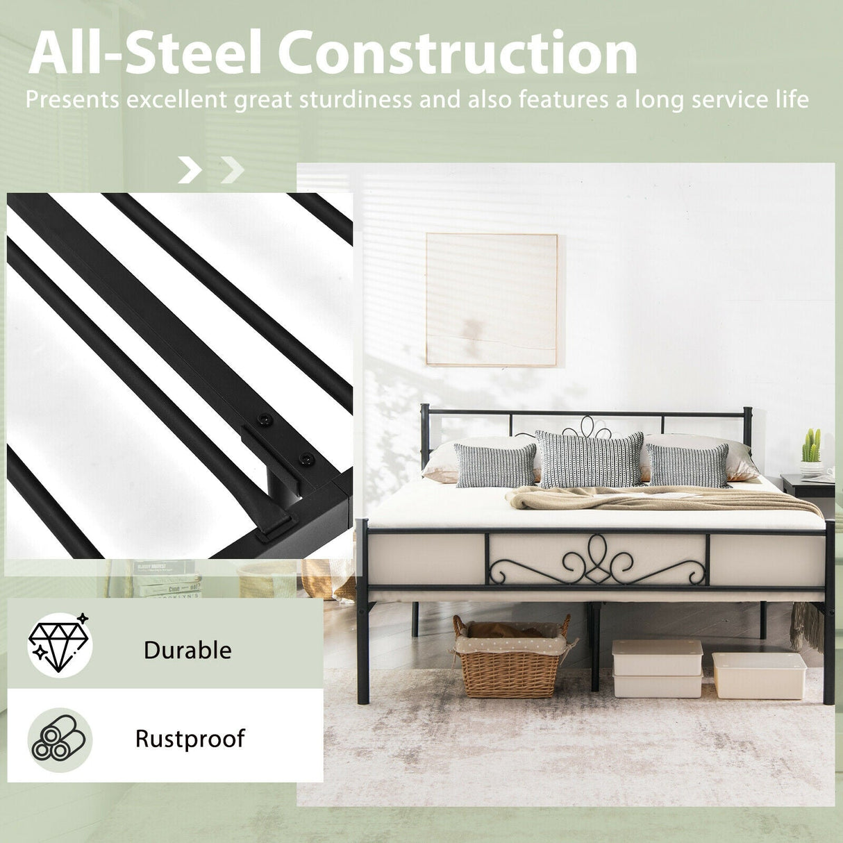 Estructura de cama de metal individual/matrimonial/Queen con cabecera y piecera