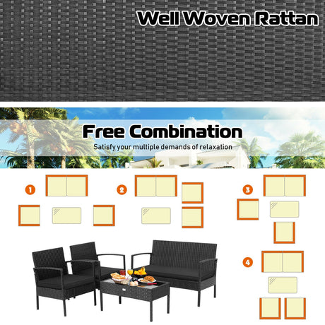 Juego de muebles de patio de ratán de 4 piezas con cojines