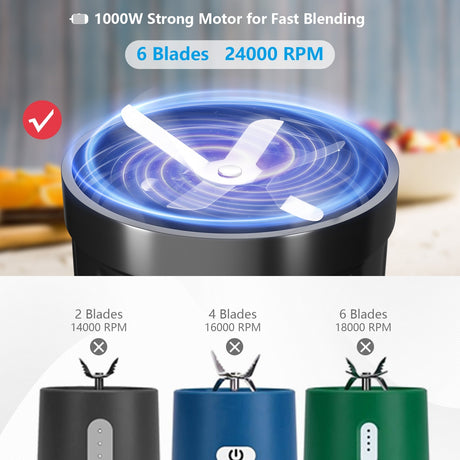 Batidora portátil de 1000 W con diseño de 6 cuchillas - Negra