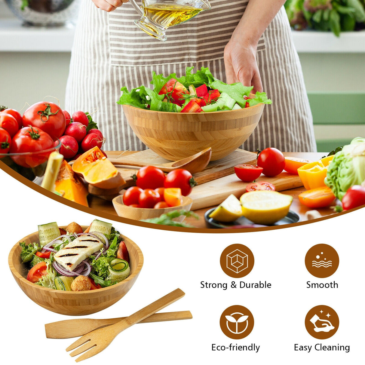 Juego de ensaladera de bambú de 8 piezas con utensilios de servicio - Natural