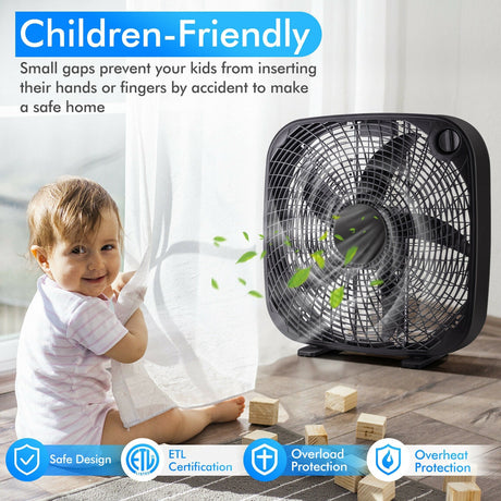 Ventilador de Piso Portátil de Caja de 20 Pulgadas con 3 Niveles de Velocidad y Control de Perilla - Negro