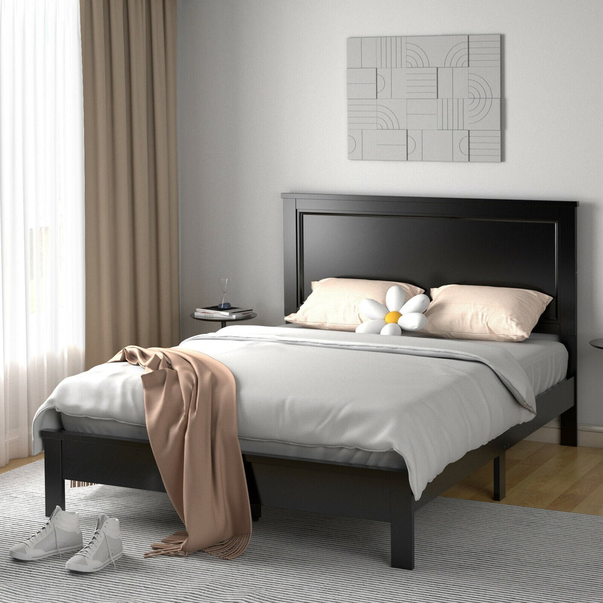 Base de cama de plataforma de tamaño matrimonial con somier de listones y cabecero alto