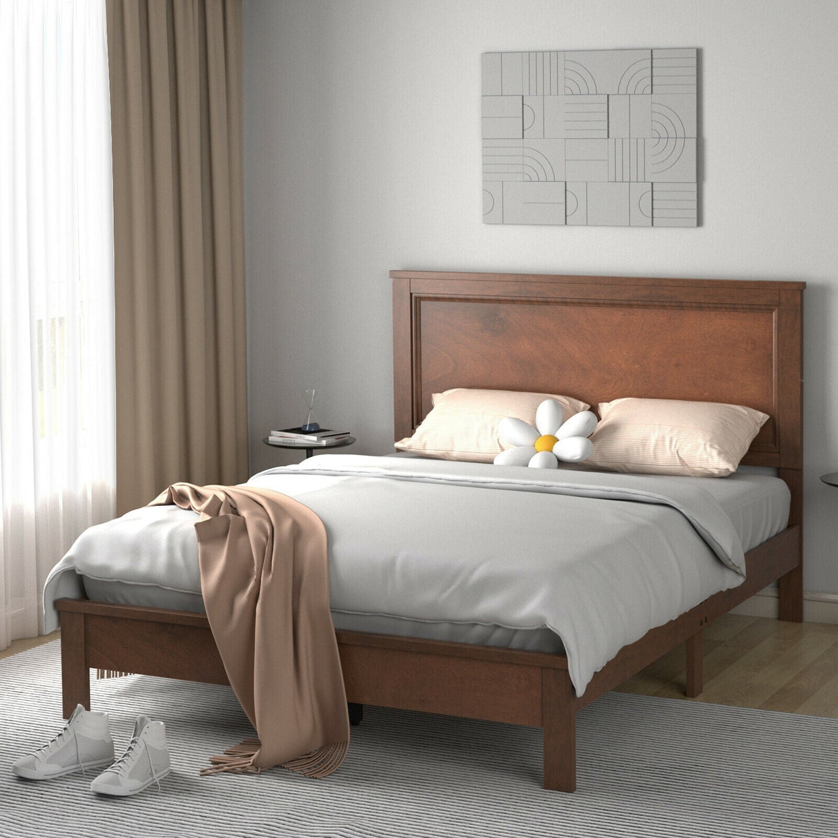 Base de cama de plataforma de tamaño matrimonial con somier de listones y cabecero alto