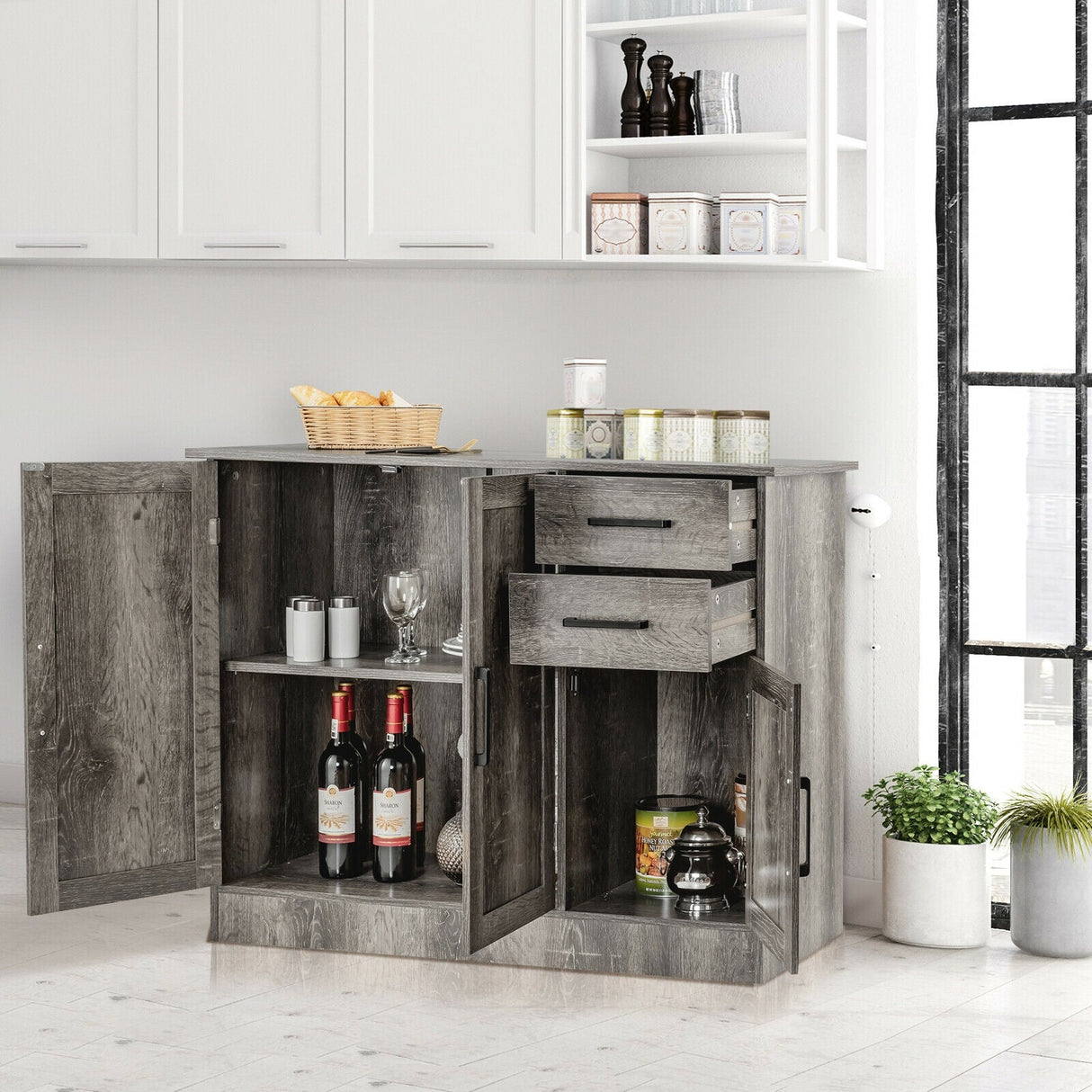 Aparador de cocina con almacenamiento tipo bufé y 2 cajones - Gris
