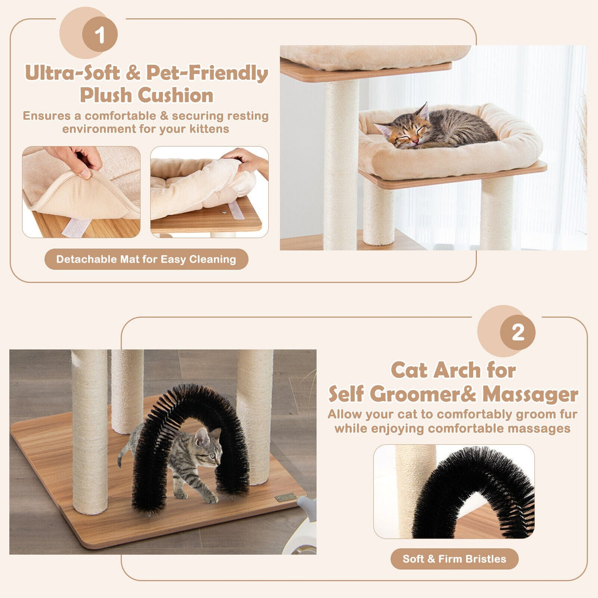 Árbol rascador para gatos de interior con plataforma y postes rascadores - Beige