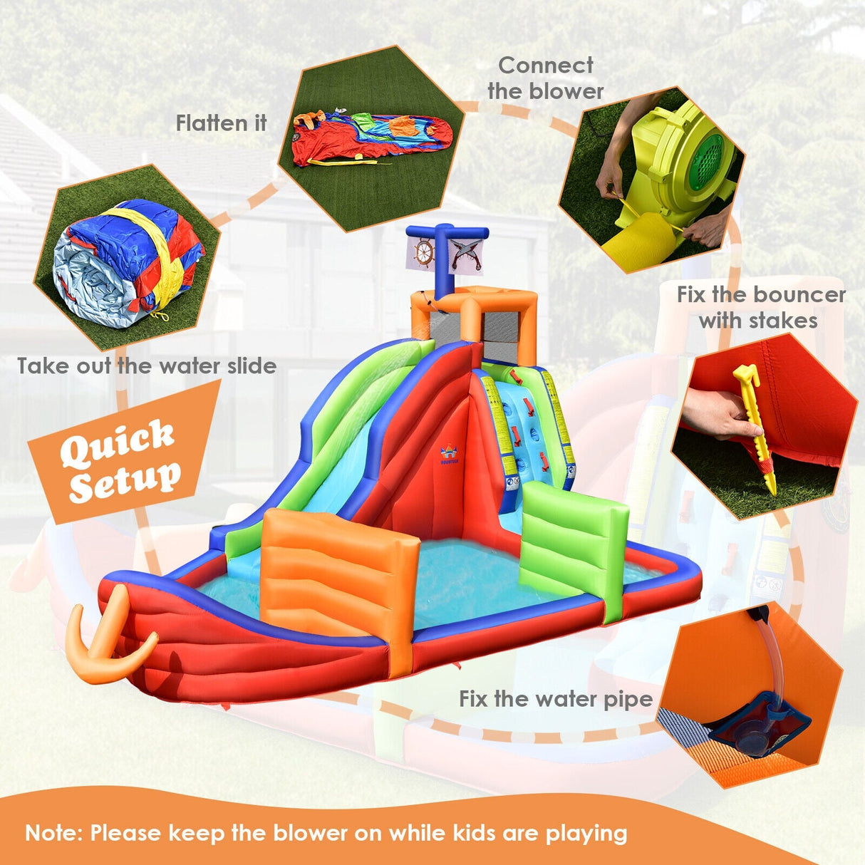 Castillo Hinchable Infantil 6 en 1 de Barco Pirata con Tobogán de Agua, Pistolas de Agua y Soplador de 735W