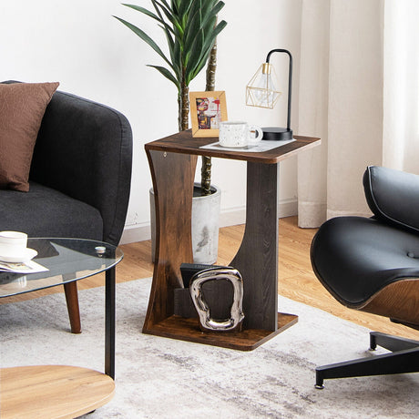 Mesa auxiliar de sofá compacta de 2 niveles en forma de C - Marrón rústico