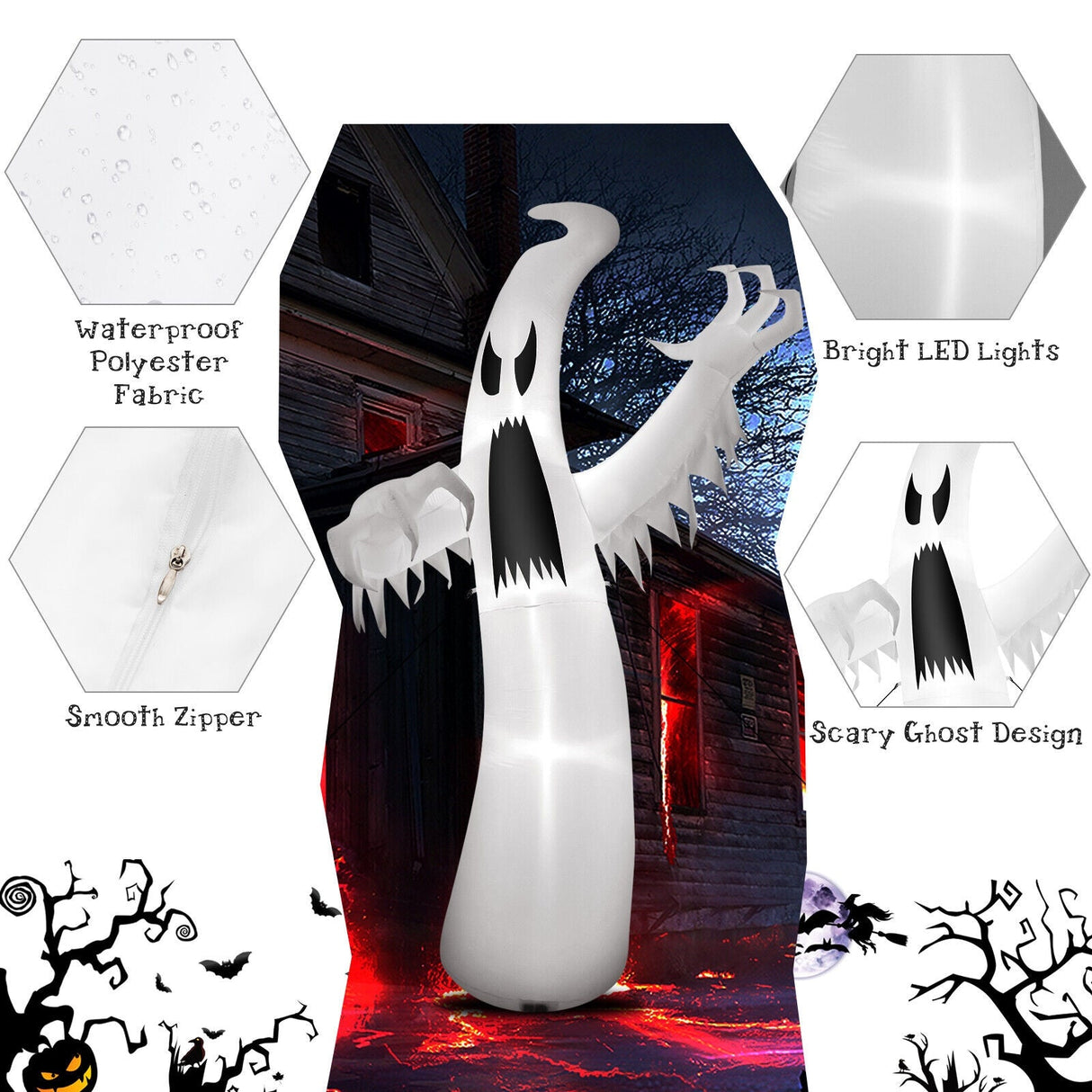 Fantasma inflable de Halloween de 3.65 m con luces LED