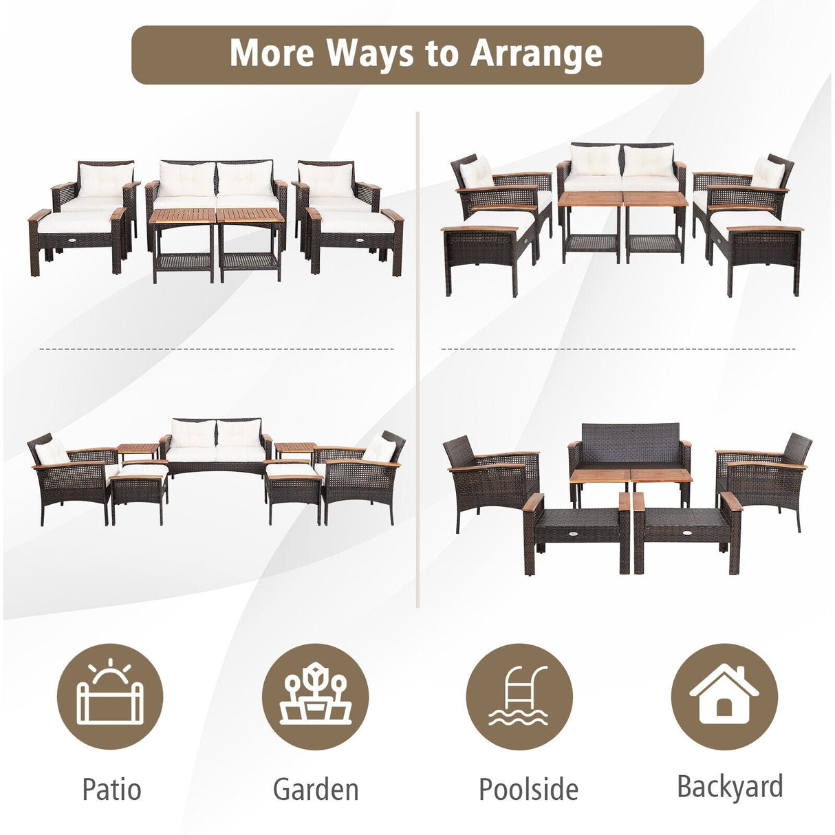 Juego de muebles de conversación de ratán acolchados para patio de 7 piezas