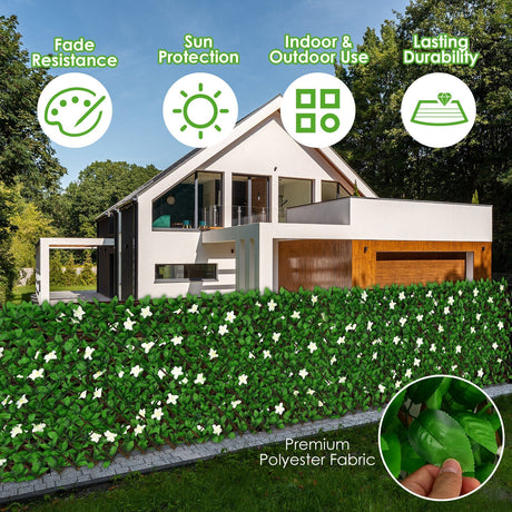 4 Pieces Expandable Faux Ivy Privacy Screen Fence Panel Pack with Flower