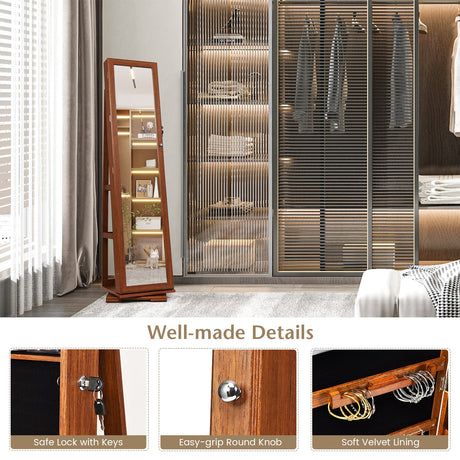 Gabinete de joyas con espejo de cuerpo entero, 2 en 1, giratorio 360° y con cerradura