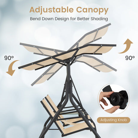 Columpio de Porche Acolchado de 2 Plazas con Toldo Ajustable y Mesa de Cristal Templado - Beige