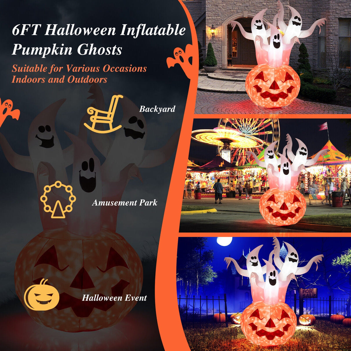 Fantasma inflable de Halloween de 6 pies con decoración de calabaza y lámpara giratoria