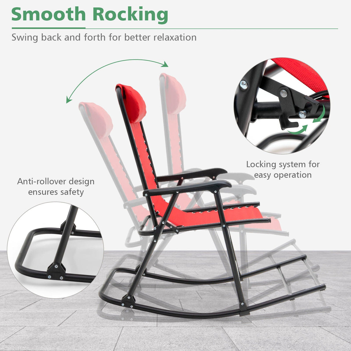 Sillón mecedora plegable liviano para exteriores con reposapiés