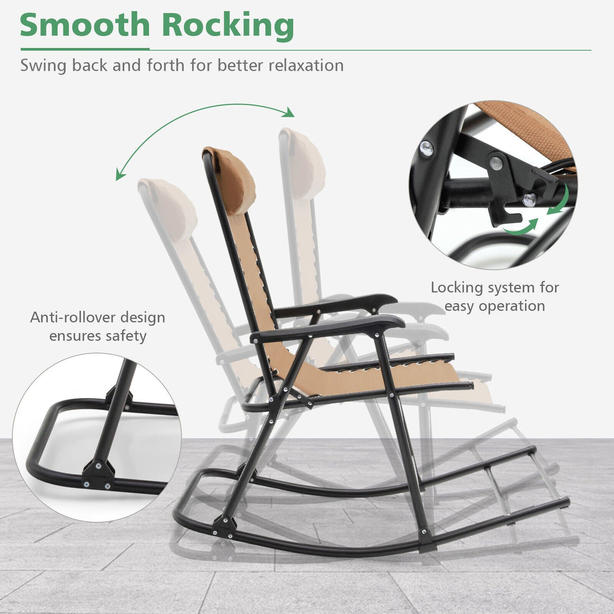 Sillón mecedora plegable liviano para exteriores con reposapiés