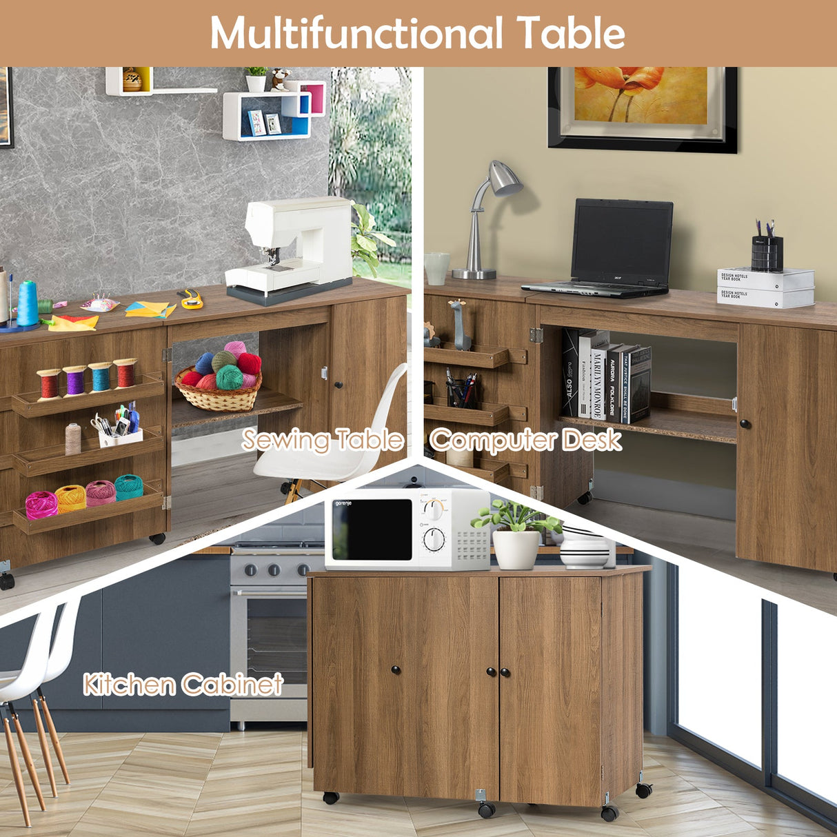 Mesa de costura plegable, estantes, mueble de almacenamiento, carrito artesanal con ruedas