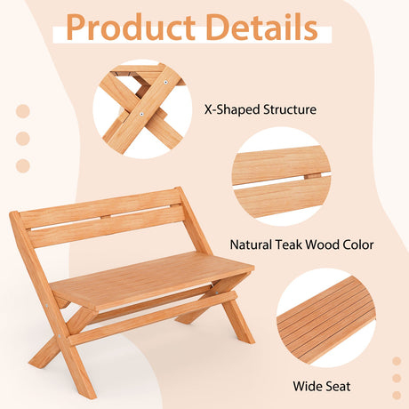 Bancos plegables de madera de teca para exterior para 2 personas, Indonesia, con asiento de listones