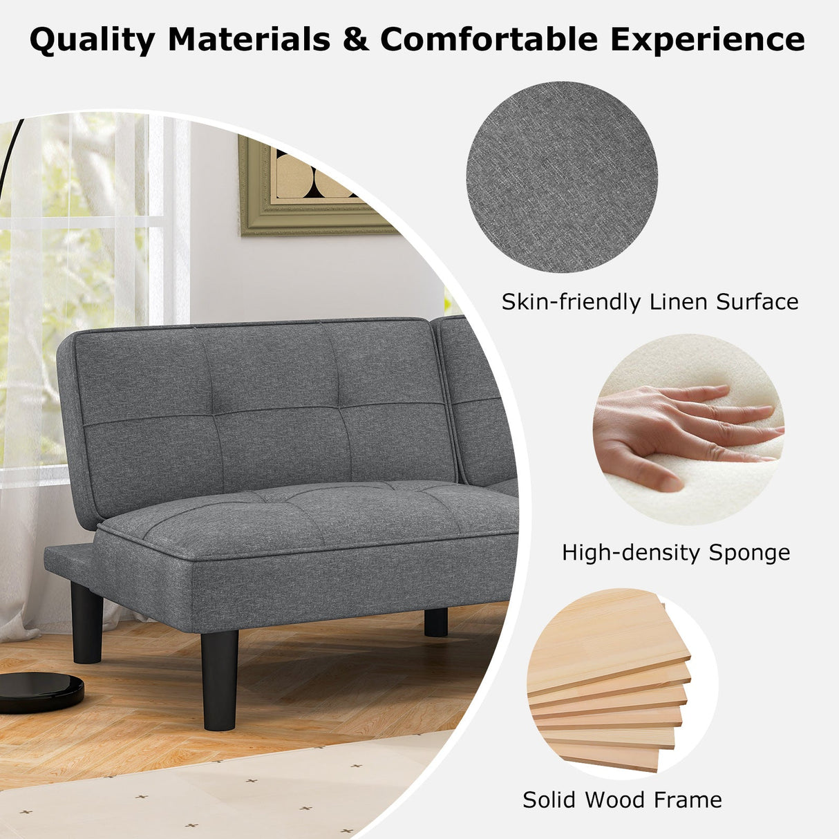 Sofá Cama Plegable Convertible Tipo Futón con Respaldo Ajustable en 6 Posiciones-Gris