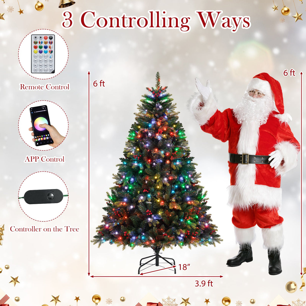 Árbol de Navidad Artificial de 5/6/7/8 PIES con Luces LED y Control Remoto por Aplicación