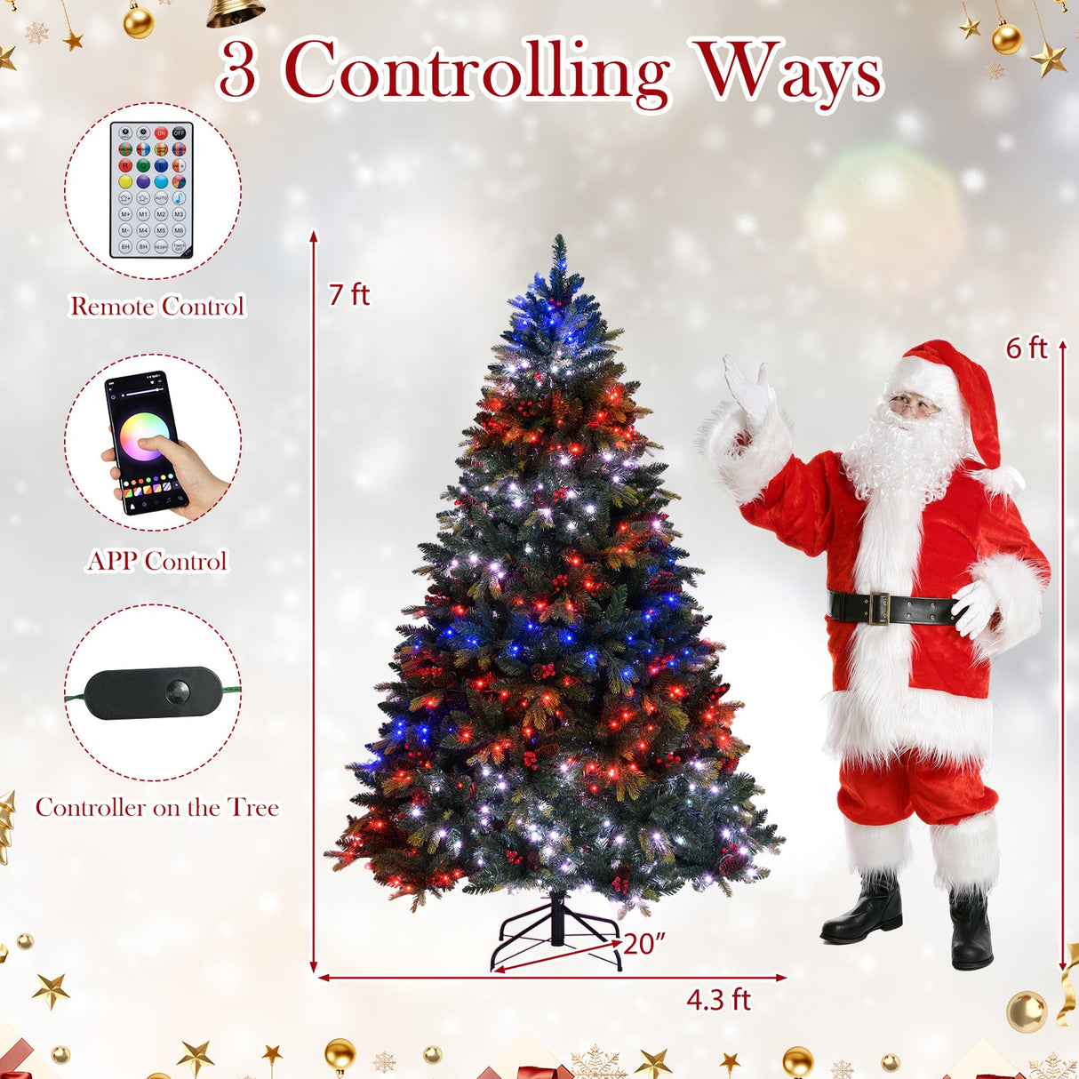 Árbol de Navidad Artificial de 5/6/7/8 PIES con Luces LED y Control Remoto por Aplicación