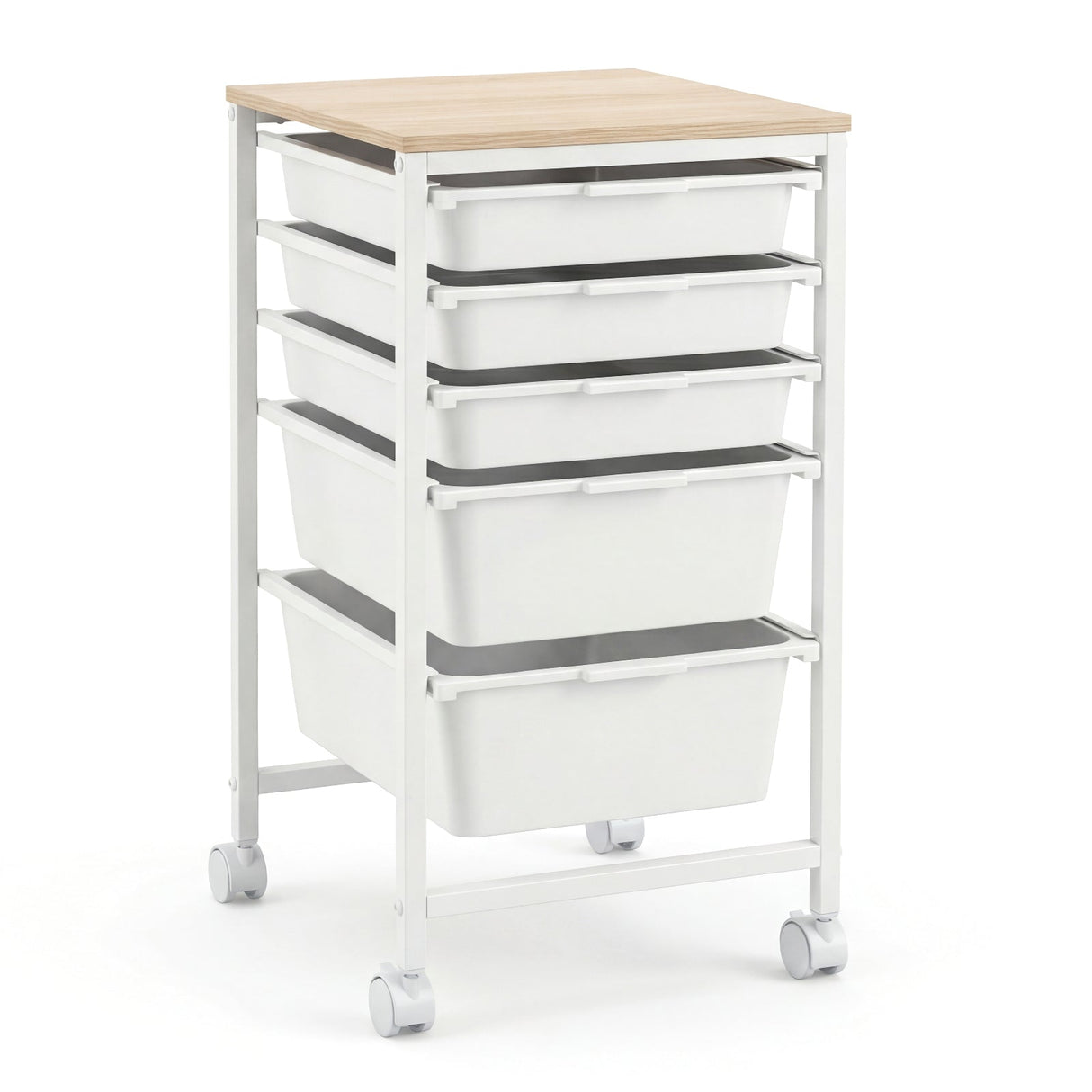 5-Drawer Rolling Storage Cart Mobile Utility Organizer with Wooden Tabletop and Lockable Wheels-White