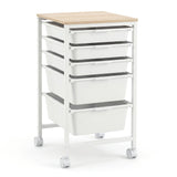 5-Drawer Rolling Storage Cart Mobile Utility Organizer with Wooden Tabletop and Lockable Wheels-White