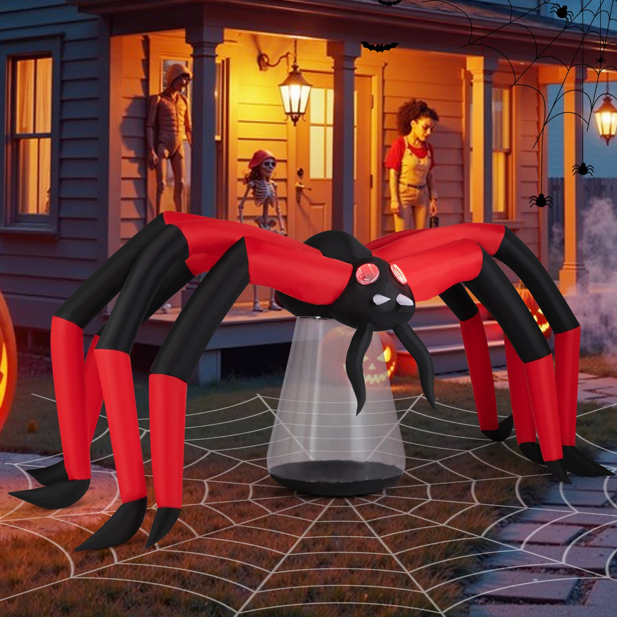 Araña inflable de Halloween para patio, araña espeluznante con ojos luminosos de túnel rojo