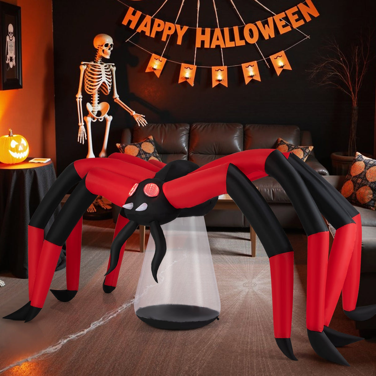 Araña inflable de Halloween para patio, araña espeluznante con ojos luminosos de túnel rojo