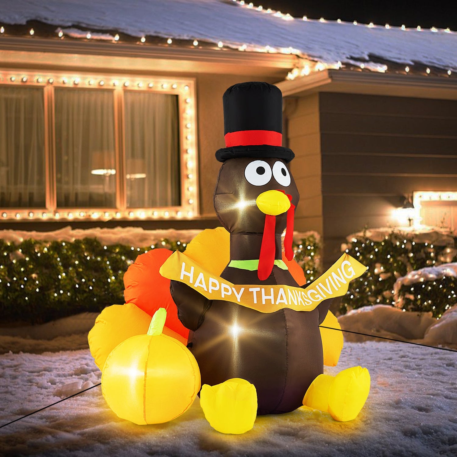 Pavo inflable de 5 pies con calabaza y luces LED para fiestas en interiores