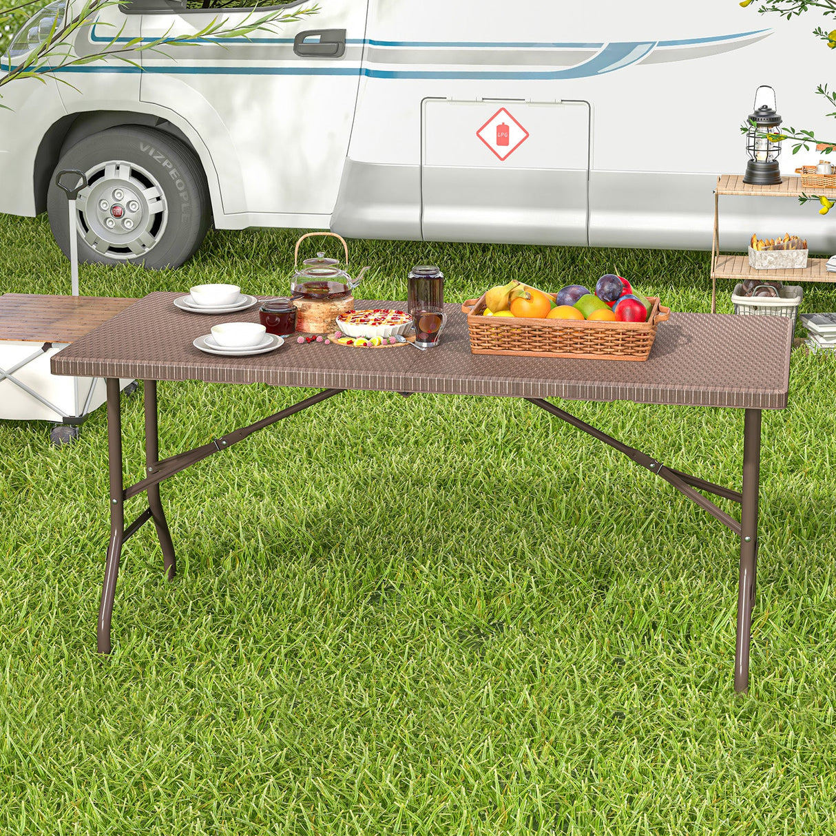 Mesa de picnic plegable de 5 pies con tablero de HDPE efecto ratán y estructura de metal resistente - Café
