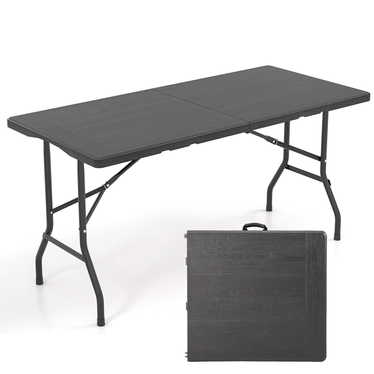 5FT Folding Picnic Table with Wood Grain HDPE Tabletop and Non-slip Foot Pads