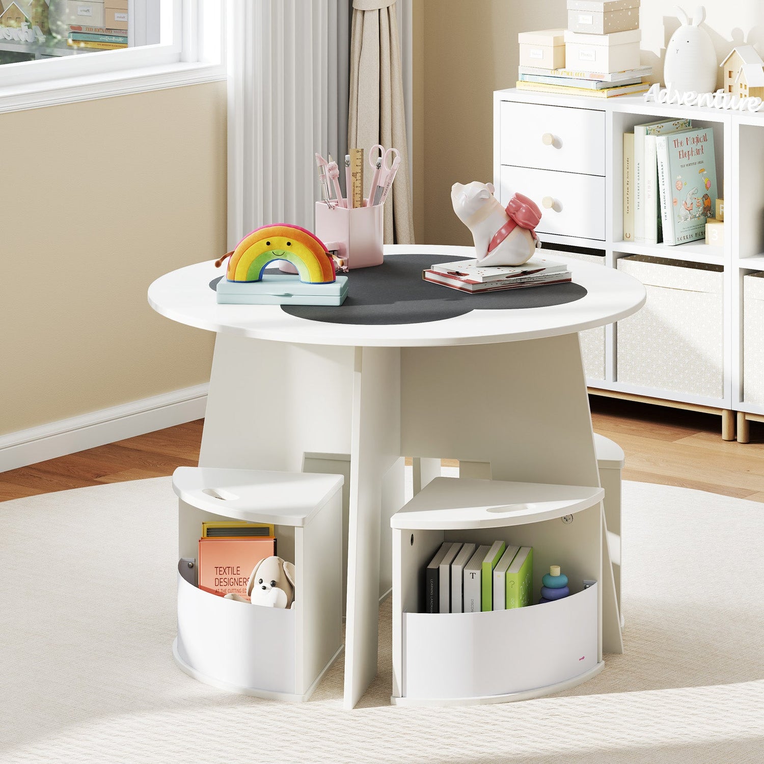 Juego de 5 sillas y mesa para niños con taburetes de almacenamiento para actividades - Blanco