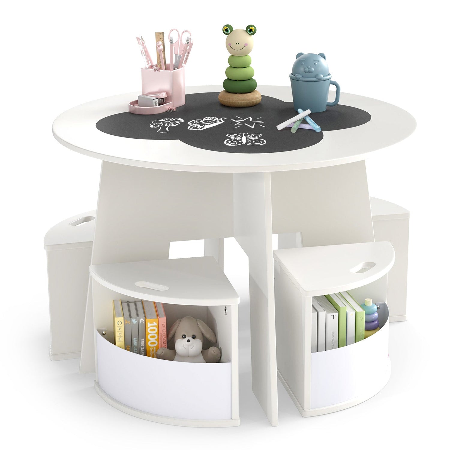 Juego de 5 sillas y mesa para niños con taburetes de almacenamiento para actividades - Blanco