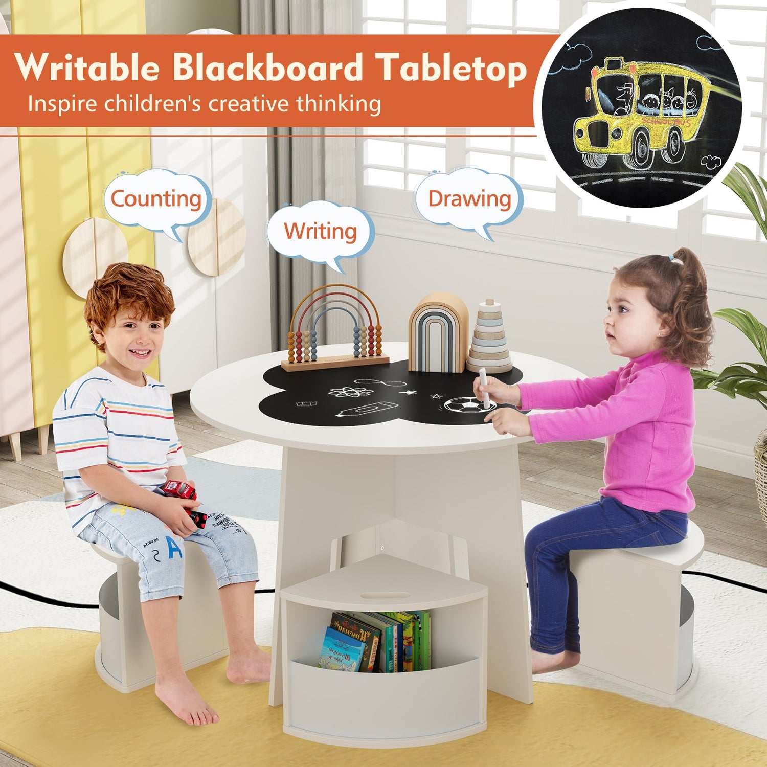 Juego de 5 sillas y mesa para niños con taburetes de almacenamiento para actividades - Blanco