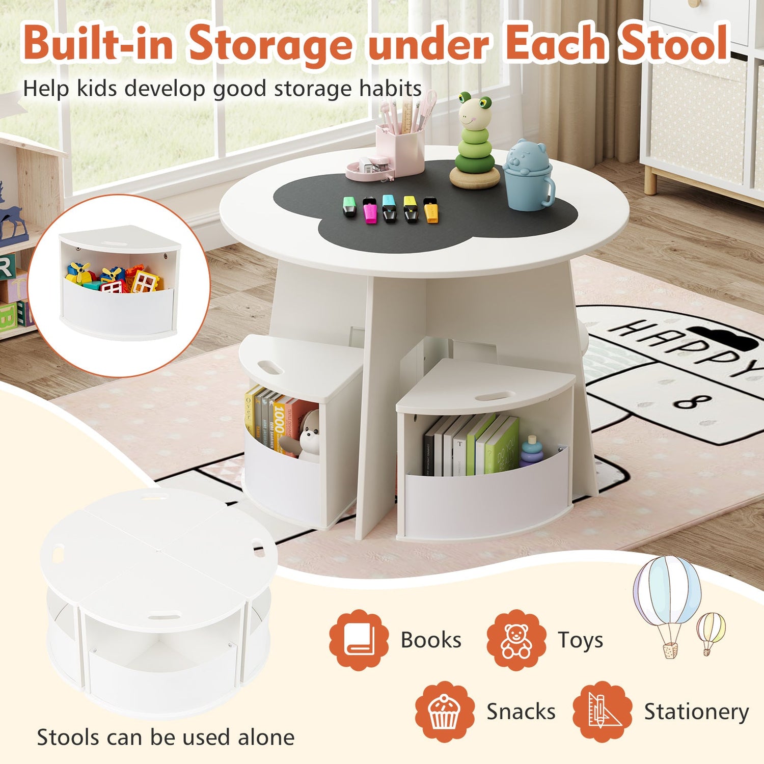 Juego de 5 sillas y mesa para niños con taburetes de almacenamiento para actividades - Blanco