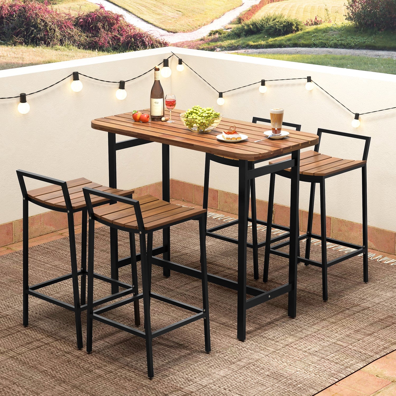 Juego de mesa de bar de madera de acacia de 5 piezas, mesa y sillas de altura de bar con estructura de metal y reposapiés