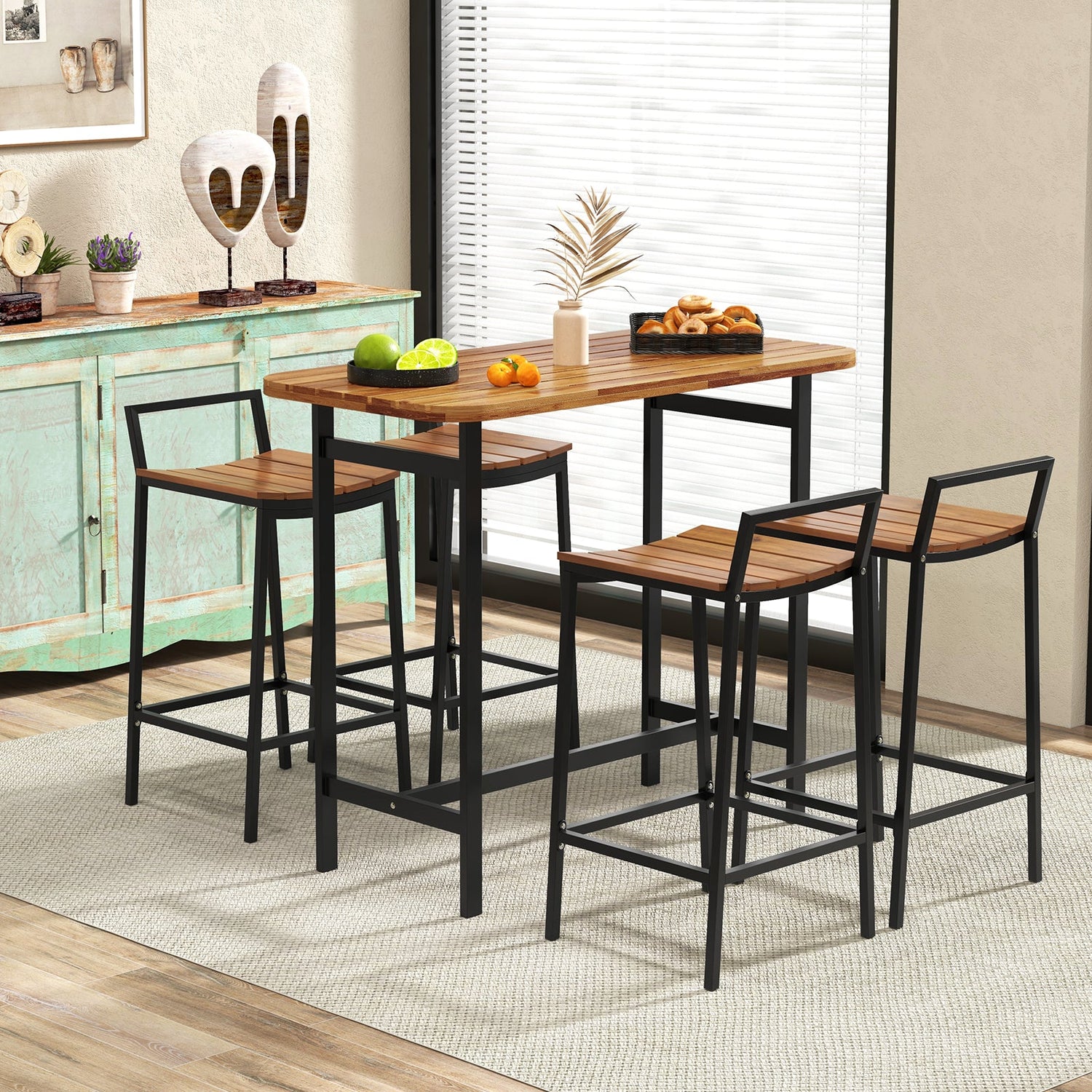 Juego de mesa de bar de madera de acacia de 5 piezas, mesa y sillas de altura de bar con estructura de metal y reposapiés
